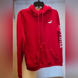 Men's Hollister Red Pullover Hoodie XL Logo Sleeve Kangaroo Pocket Sweatshirt